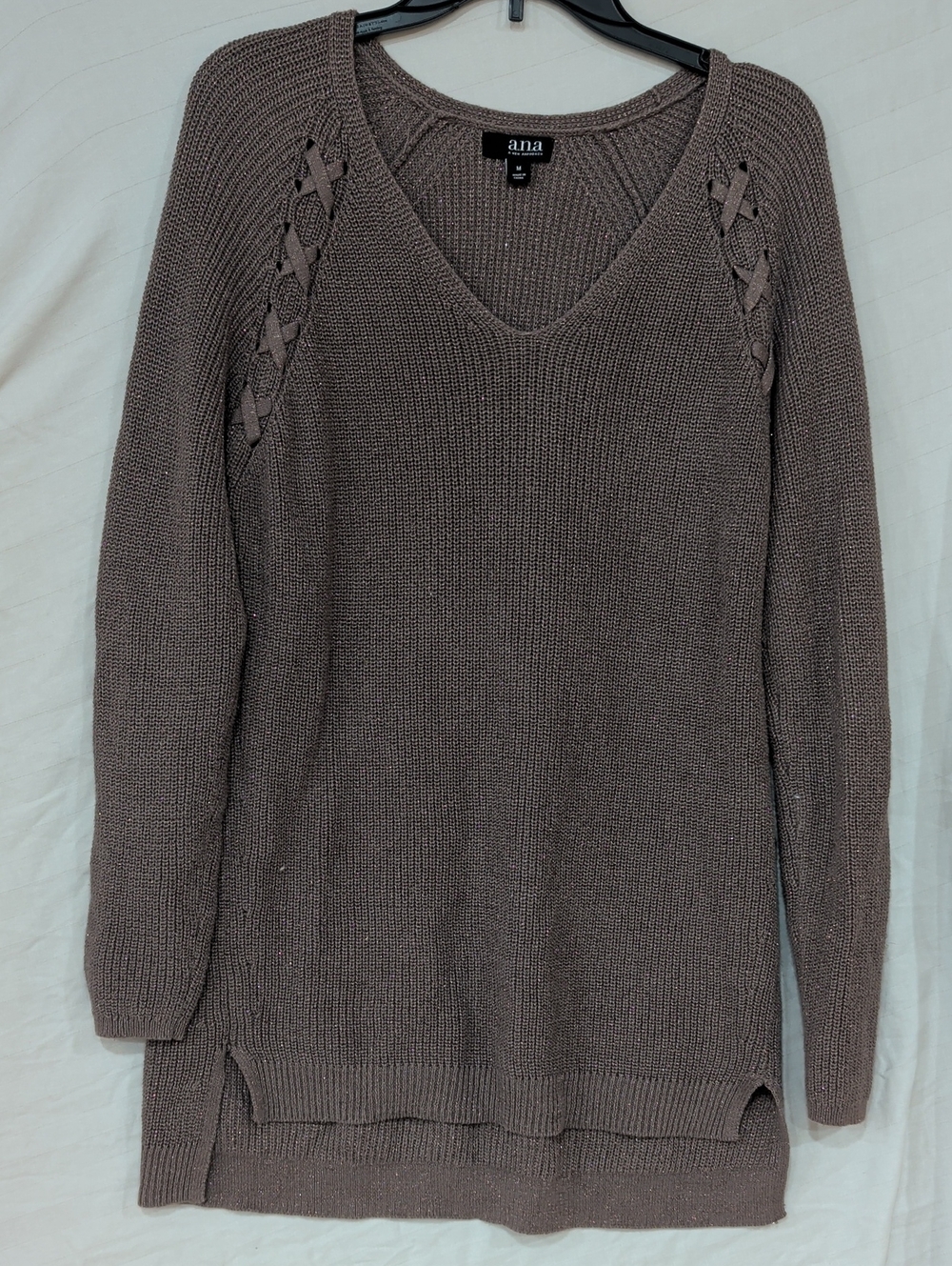 a.n.a Taupe V-Neck Knit Sweater with Braided Shoulder Detail Size M 90% Cotton